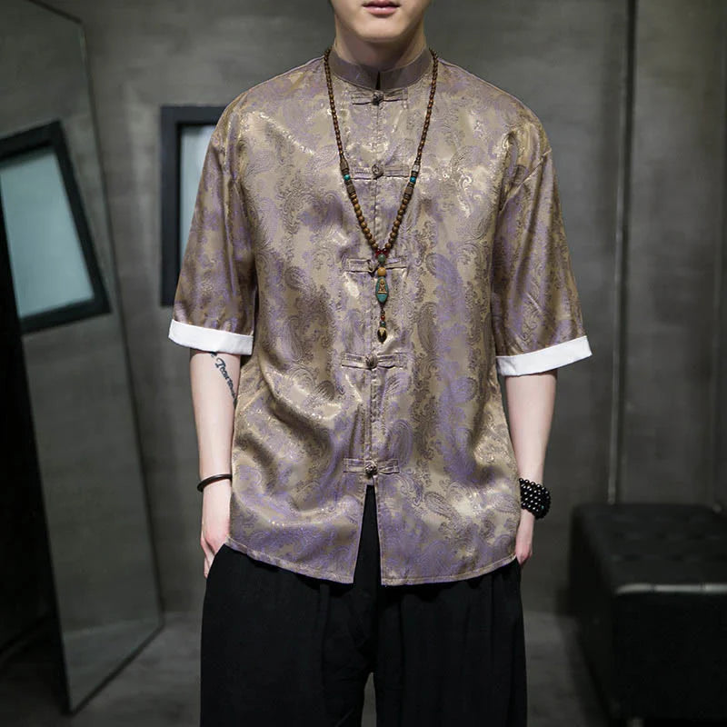 Buddha Stones Summer Cashew Flowers Pattern Men's Frog-Button Half Sleeve Shirts