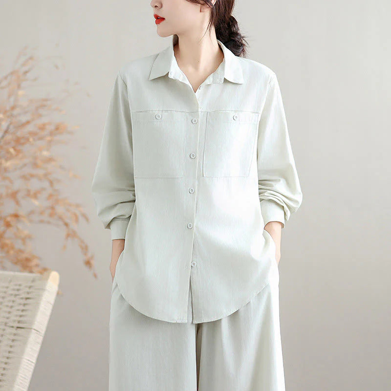 Buddha Stones 2Pcs Fall Solid Color Cotton Buttons Down Long Sleeve Shirt Ankle-Length Wide Leg Pants Women's Set With Pockets