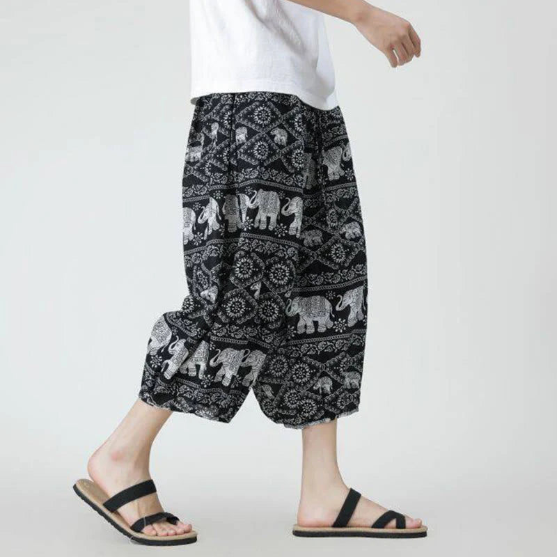 Buddha Stones Summer Square Patchwork Elephant Mandala Geometry Cotton Linen Men's 7-8 Length Pants With Pockets