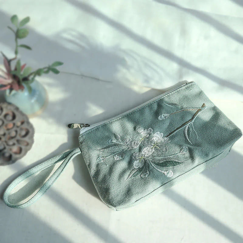 Buddha Stones Small Flower Plum Cherry Crane Peach Blossom Embroidery Canvas Wallet Shopping Purse