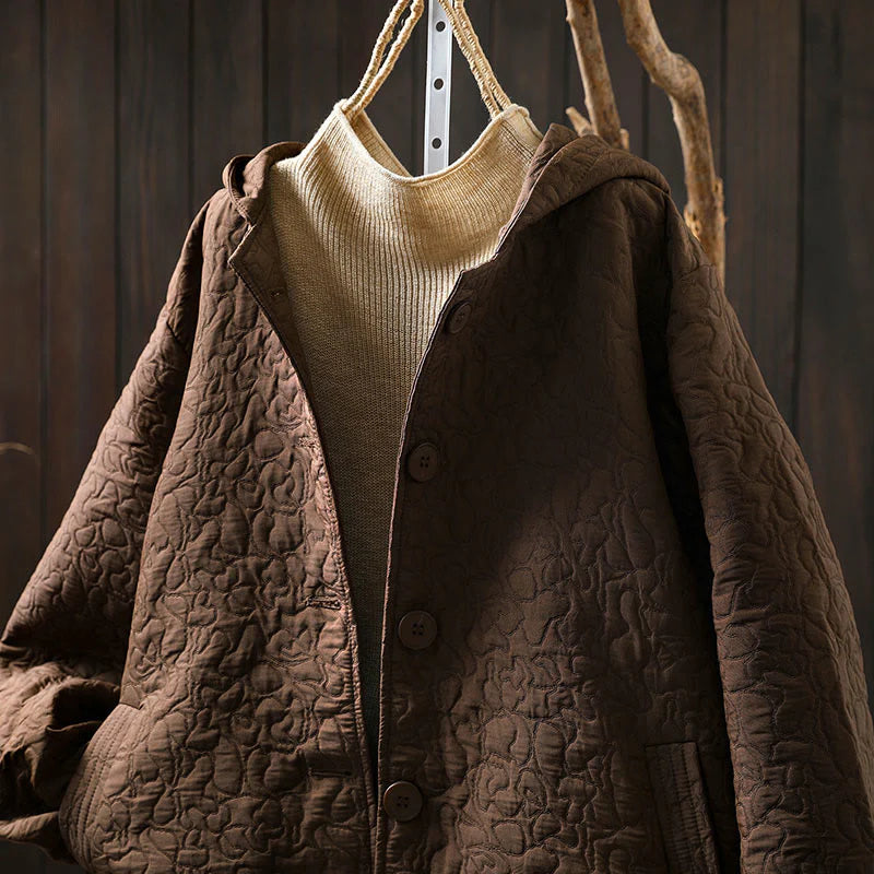 Buddha Stones Fall Buttons Long Sleeve Mid-length Jacquard Cotton Women's Jacket With Pockets