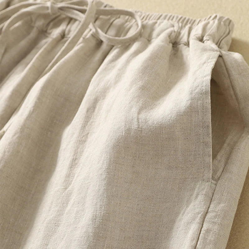 Buddha Stones Casual Retro Drawstring Embroidery Design Women's Cotton Linen 7-8 Length Pants With Pockets
