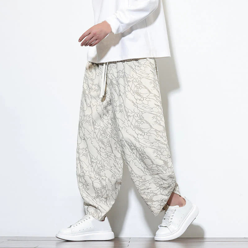 Buddha Stones Fall Textured Lines Print Cotton Elastic Waist Ankle-Length Men's Harem Pants With Pockets