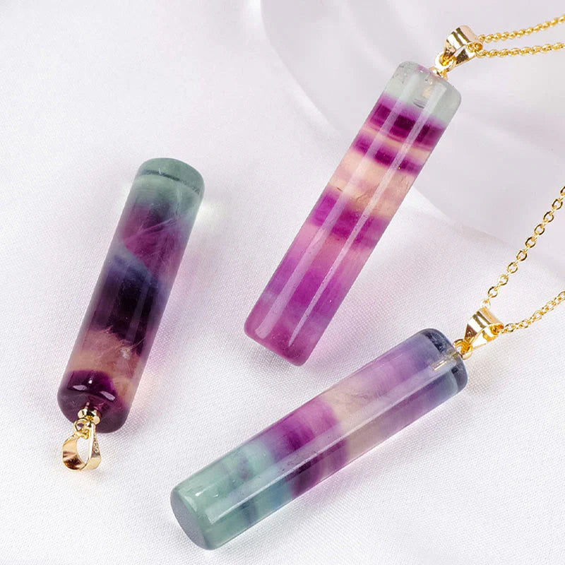 Buddha Stones Natural Colorful Fluorite Cylindrical Protection Necklace Pendant