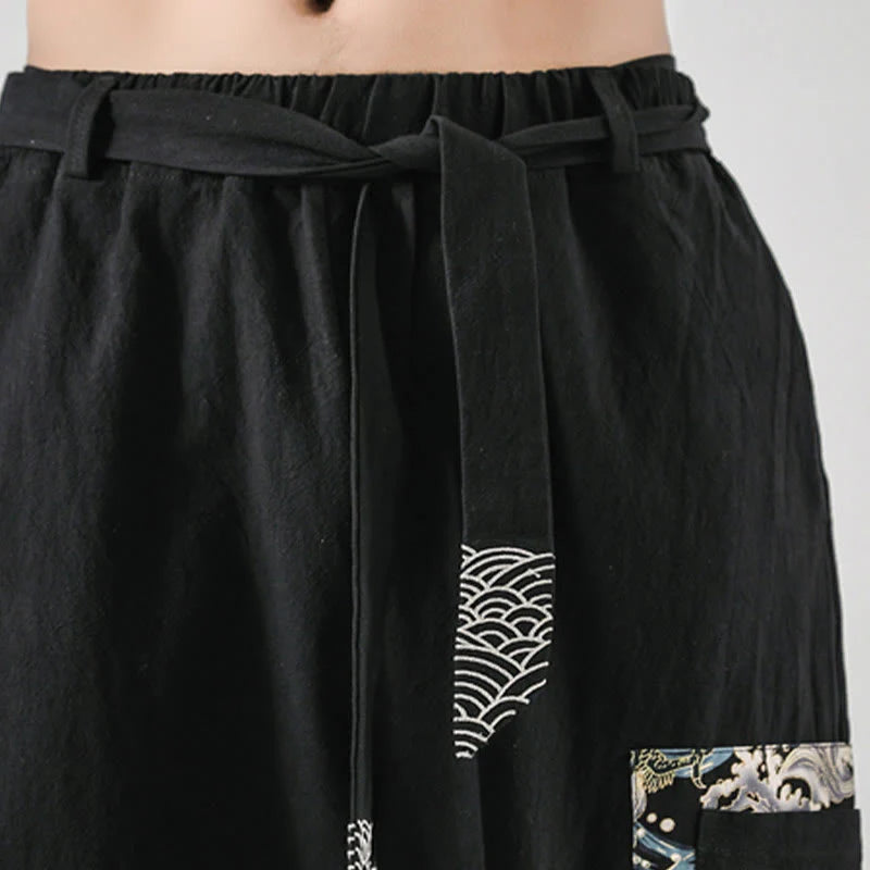 Buddha Stones Ocean Waves Lace-up Cotton Men's Harem Pants With Pockets