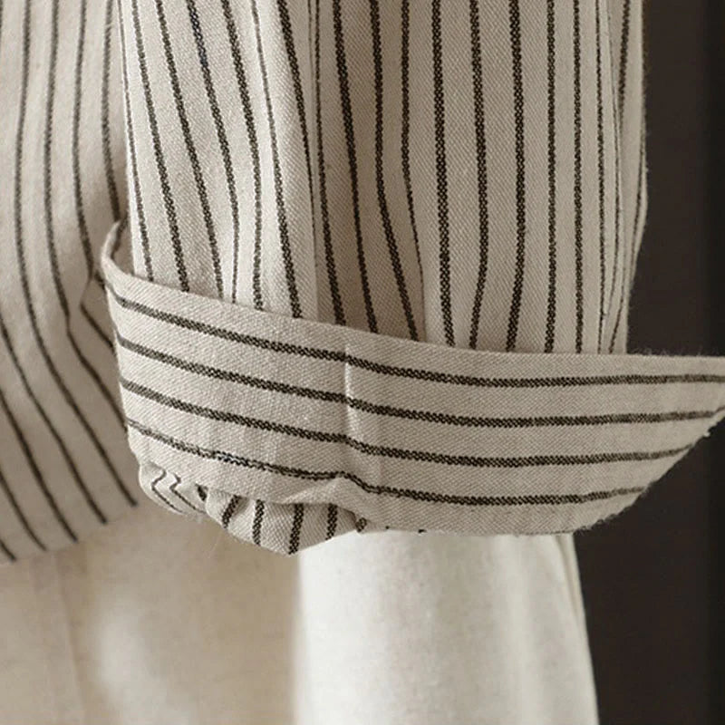 Buddha Stones Fall Stripe Stand Collar Buttons Women's Long Sleeve Shirt With Pocket