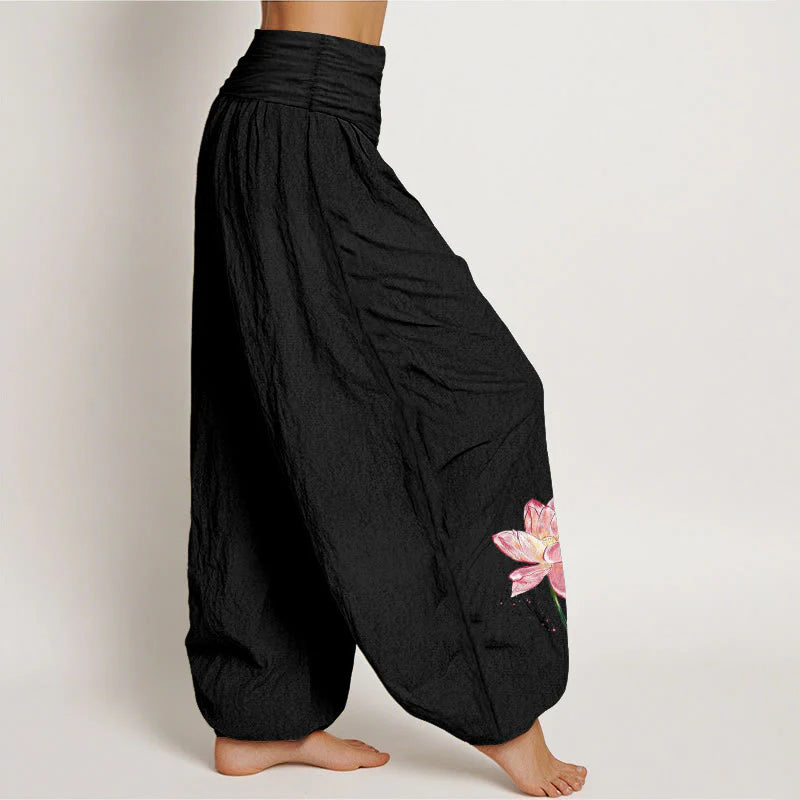 Buddha Stones Cotton Lotus Flower Sun Pattern Women's Elastic Waist Harem Pants