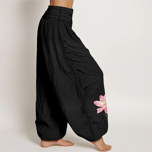 Buddha Stones Cotton Lotus Flower Sun Pattern Women's Elastic Waist Harem Pants