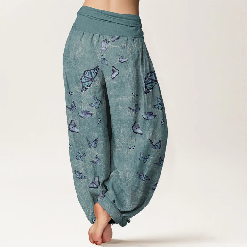 Buddha Stones Cotton Dreamlike Butterfly Leaf Pattern Women's Elastic Waist Harem Pants