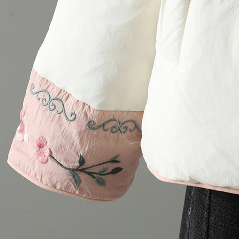 Buddha Stones Peach Blossom Embroidery Frog-Button Long Sleeve Thermal Women's Jacket With Pockets