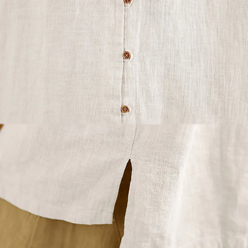 Buddha Stones Solid Color Front Buttons Design Long Sleeve Women's Cotton Linen Shirt