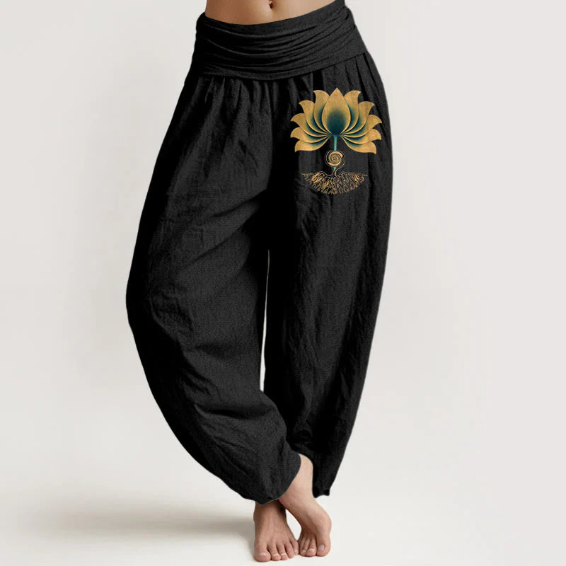 Buddha Stones Pure Cotton Harmonious Color Scheme Lotus Pattern Women's Elastic Waist Harem Pants