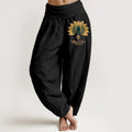 Buddha Stones Pure Cotton Harmonious Color Scheme Lotus Pattern Women's Elastic Waist Harem Pants