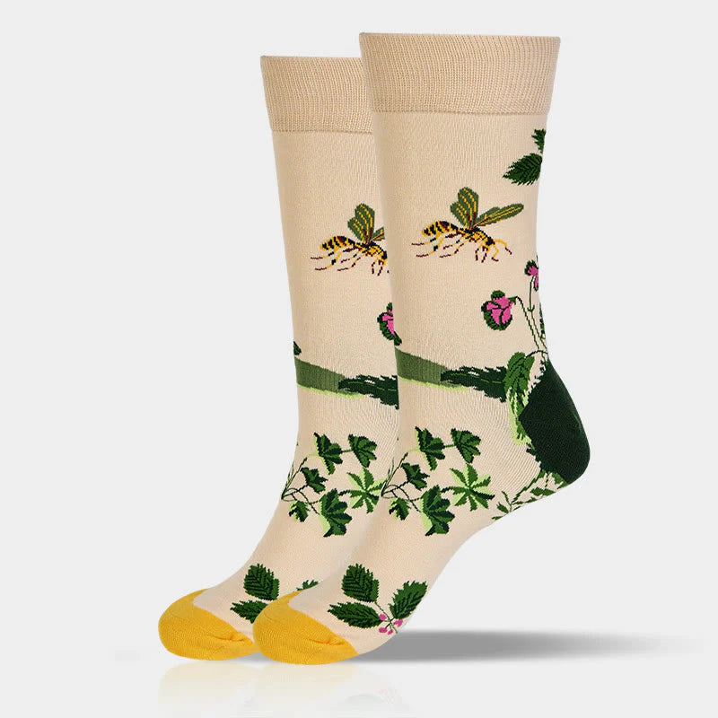 Buddha Stones Bee Frog Leaves Pattern Men Women Unisex Cotton Crew Socks