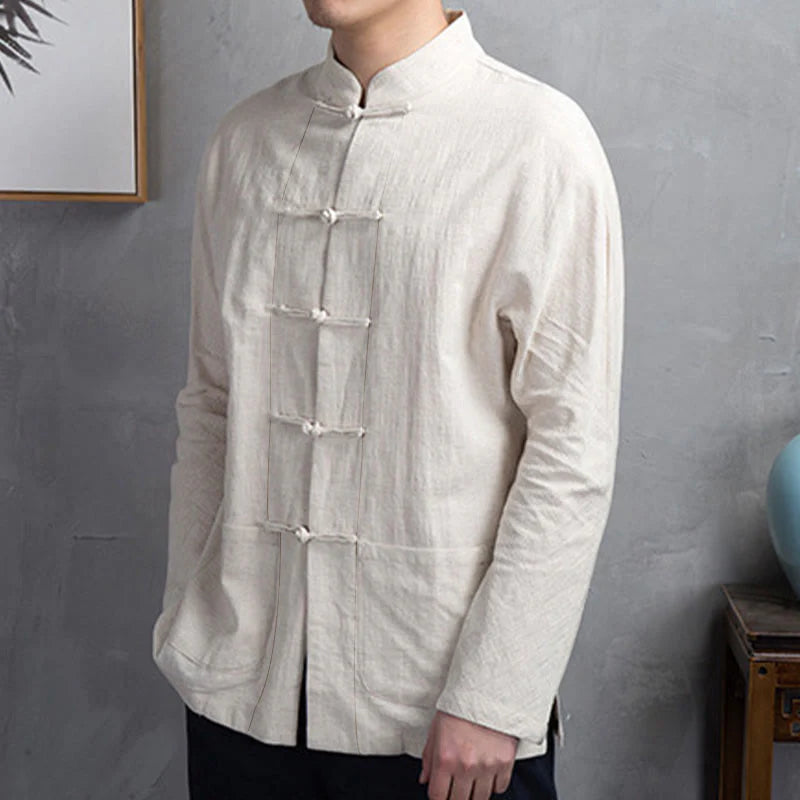 Buddha Stones Solid Color Casual Frog-button Men's Shirt Clothing