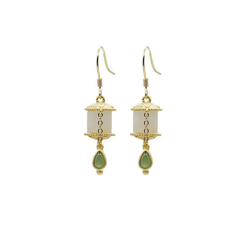 Buddha Stones 925 Sterling Silver Jade Prayer Wheel Luck Drop Earrings