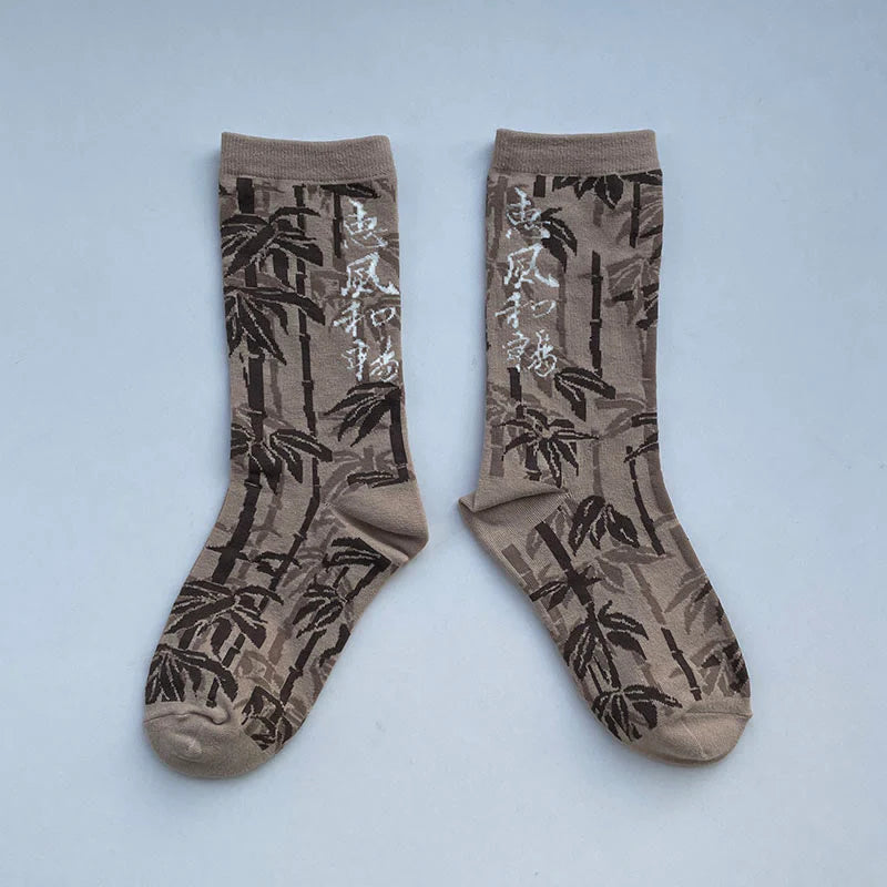 Buddha Stones Chinese Calligraphy Floral Design Micro Crew Women Cotton Socks