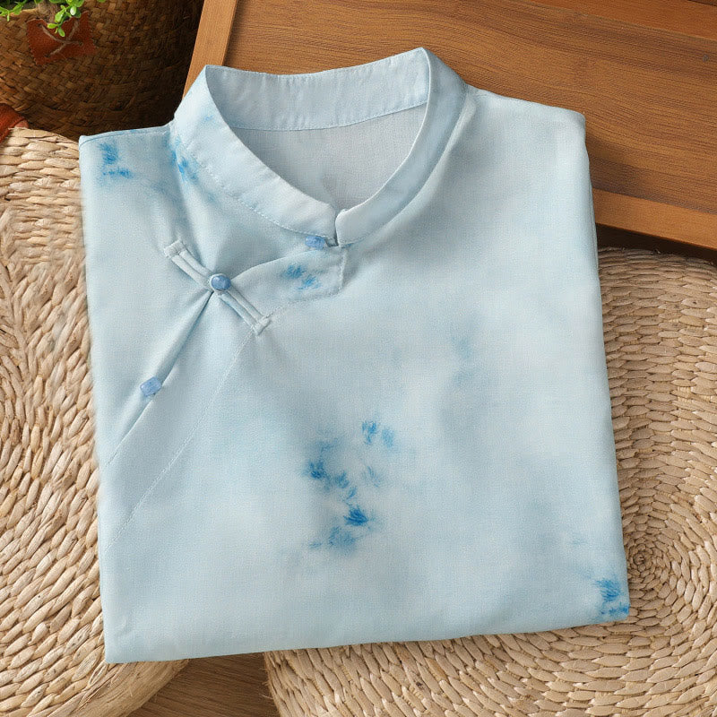 Buddha Stones Light Blue Frog-Button Sleeveless Women's Shirt