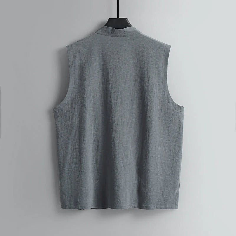Buddha Stones Summer Solid Color V-Neck Frog-Button Sleeveless Men's Cotton Linen Vest