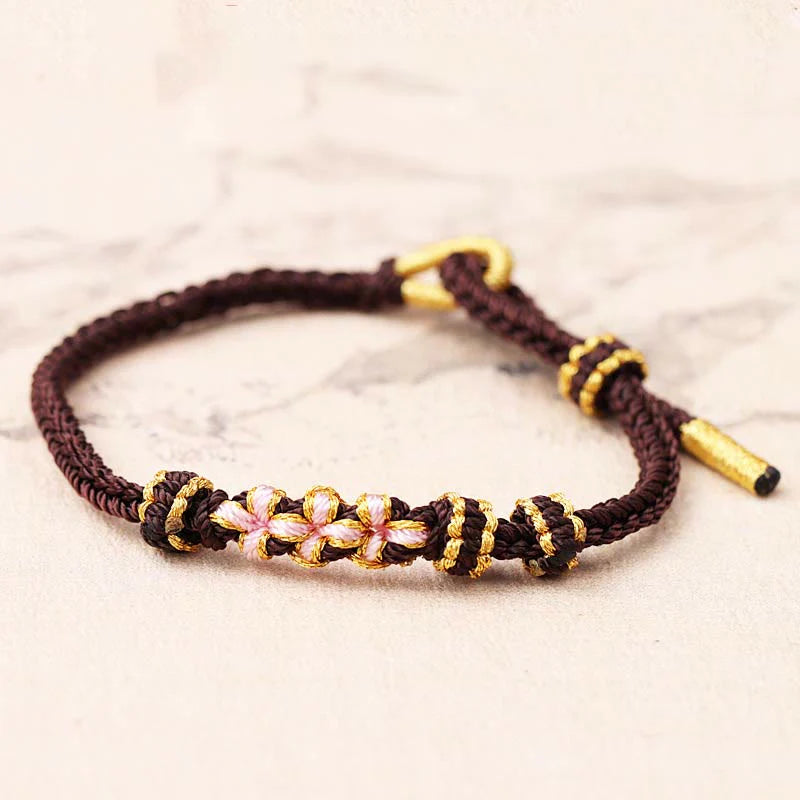 Buddha Stones Handmade Three Peach Blossoms Luck Eight Strands Braided String Bracelet