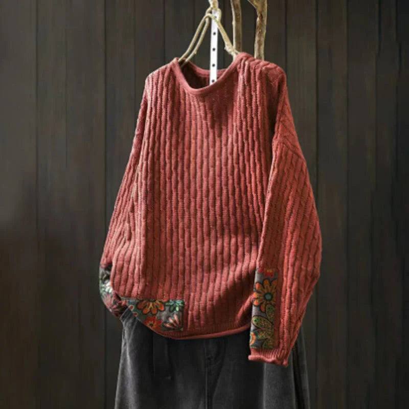 Buddha Stones Winter Patchwork Design Long Sleeve Crew Neck Women's Cotton Sweater