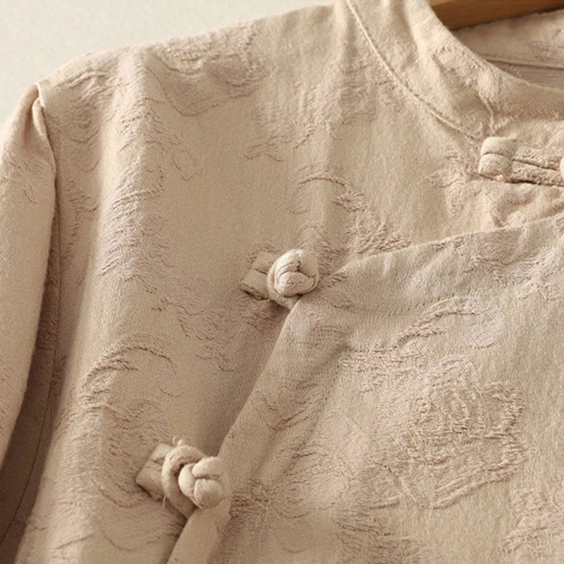 Buddha Stones Spring Plain Jacquard Design Women's Cotton Zen Long Sleeve Shirt