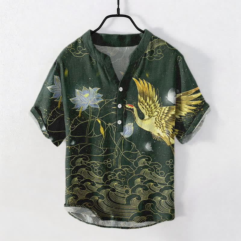 Buddha Stones Cotton Crane Wave Lotus Cloud Pattern Men's Short Sleeve Half Button Shirt