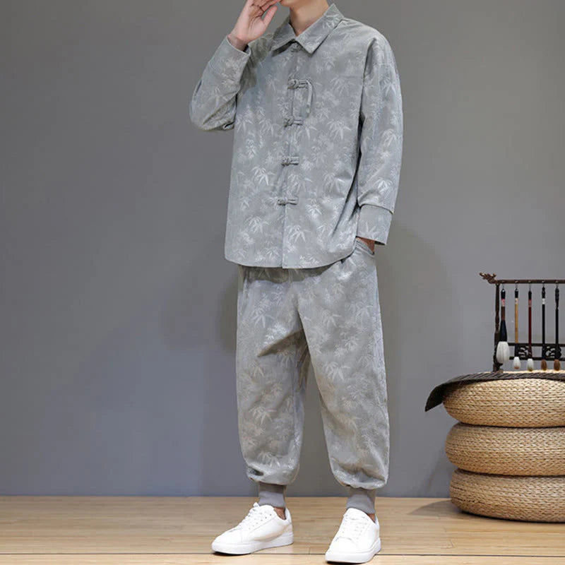 Buddha Stones 2Pcs Winter Thick Bamboo Men's Tang Suit Frog-Button Cotton Corduroy Long Sleeve Jacket Pants Set With Pockets