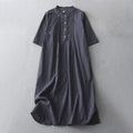 Buddha Stones Casual Retro Solid Color Button Ruffled Crew Neck Design Short Sleeve Cotton Linen Midi Dress With Pockets