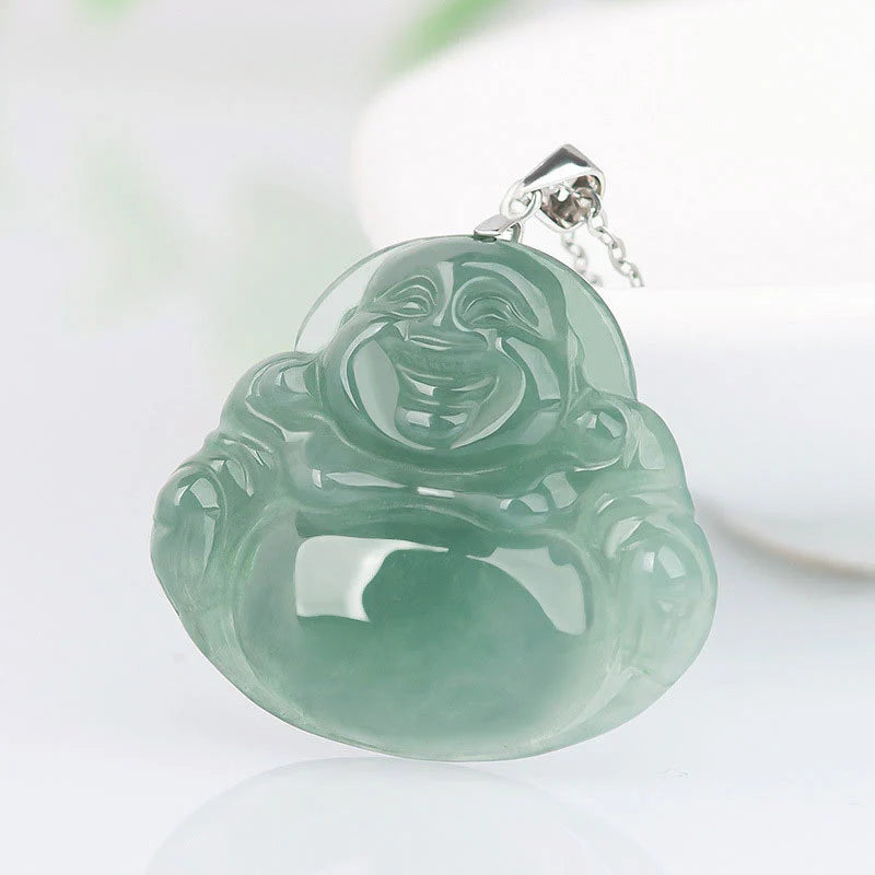 Buddha Stones Laughing Buddha Jade Protection Calm Titanium Steel Chain Necklace Pendant