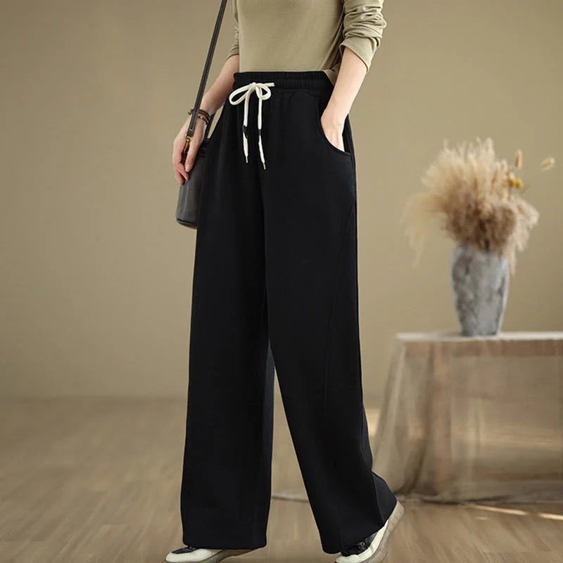 Buddha Stones Solid Color Drawstring Women's Wide Leg Pants With Pockets