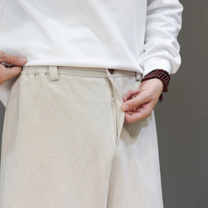 Buddha Stones Fall Sports Men's Pure Color Button Design Cotton Pants With Pockets