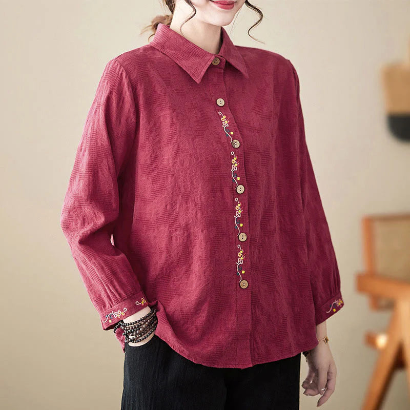 Buddha Stones Spring Plain Embroidered Flower Pattern Button Women's Long Sleeve Cotton Lapel Shirt