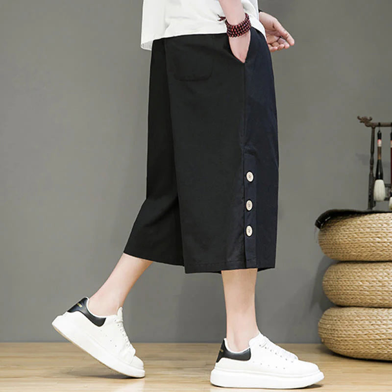 Buddha Stones Casual Plain Side Button Design Drawstring Men's Cotton Cropped Pants With Pockets