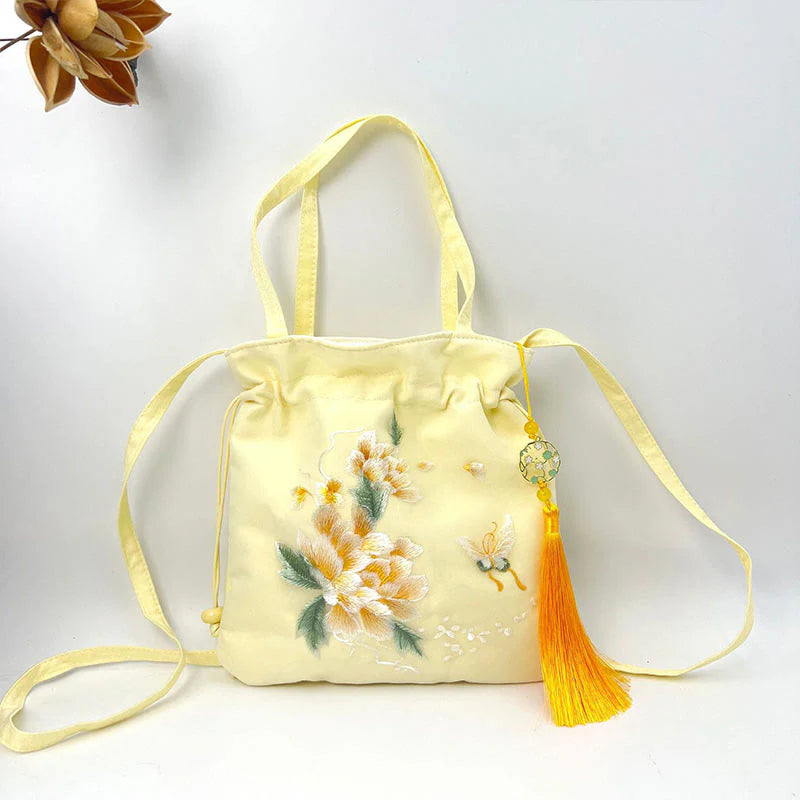 Buddha Stones Lotus Peony Epiphyllum Phoenix Suzhou Embroidery Cotton Linen Tote Crossbody Bag Shoulder Bag Handbag