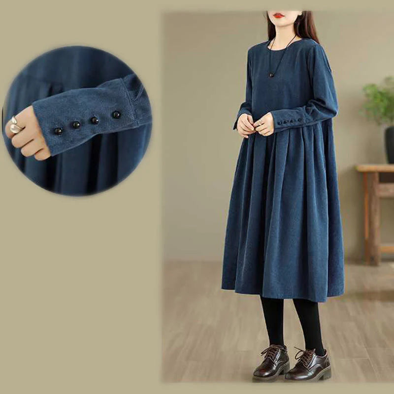 Buddha Stones Fall Plain DarkBlue Long Sleeve Corduroy Midi Dress With Pockets