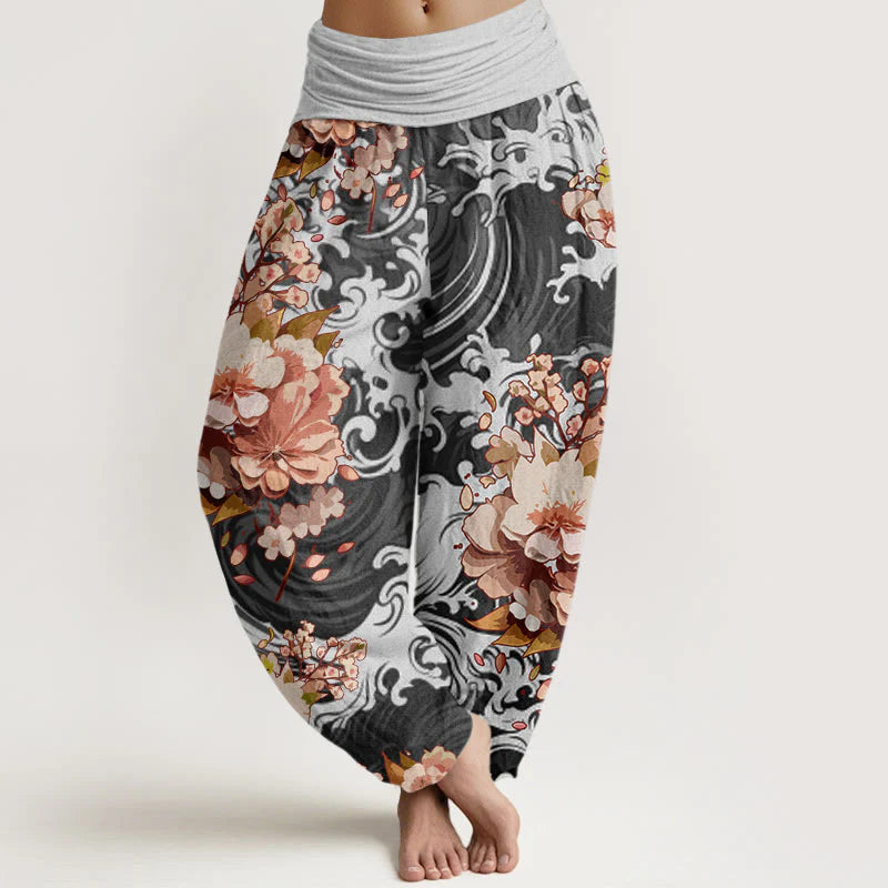 Buddha Stones Cotton Casual Wave And Floral Pattern Women's Elastic Waist Harem Pants