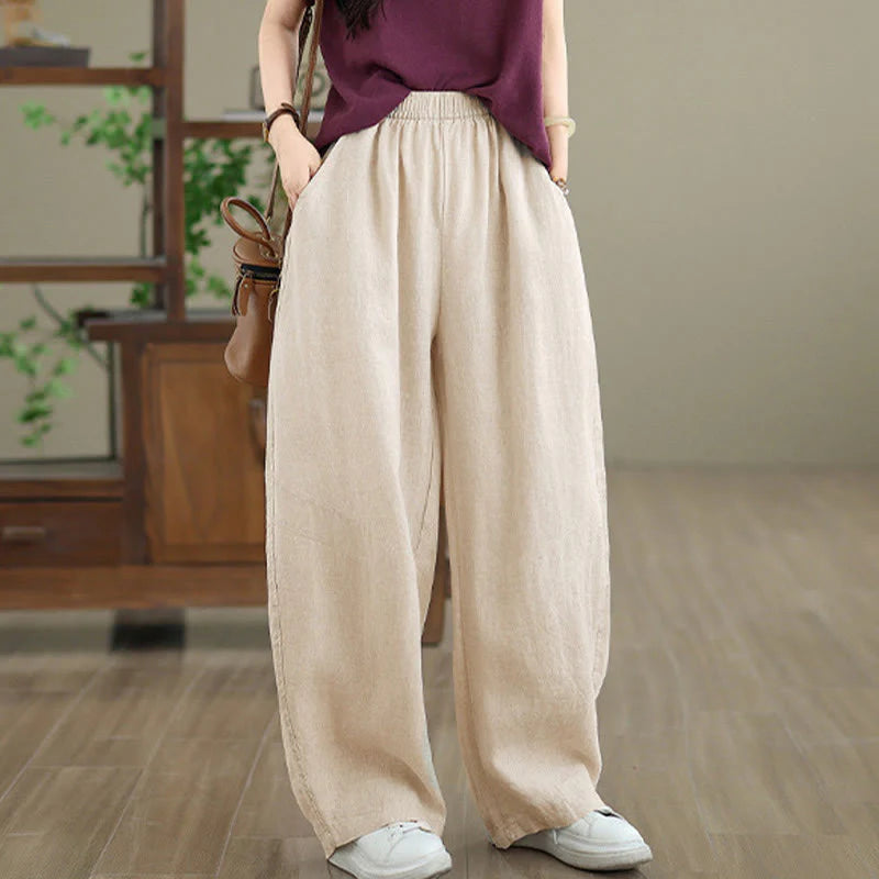 Buddha Stones Casual Plain Cotton Women's Wide Leg Pants With Pockets