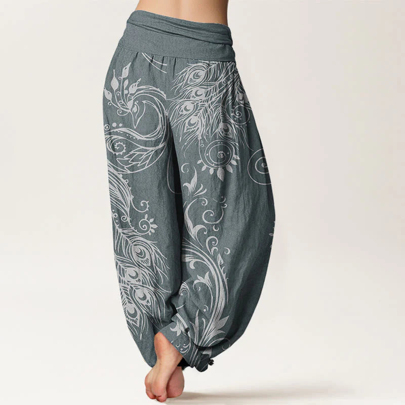 Buddha Stones Cotton Casual Peacock Design Women's Elastic Waist Harem Pants