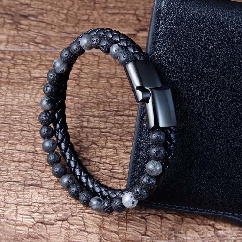 Buddha Stones Lava Rock Titanium Steel Calm Leather Bracelet