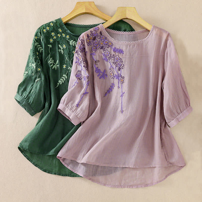 Buddha Stones Retro Embroidery Floral Pattern Short Sleeve Crew Neck Women's Shirt
