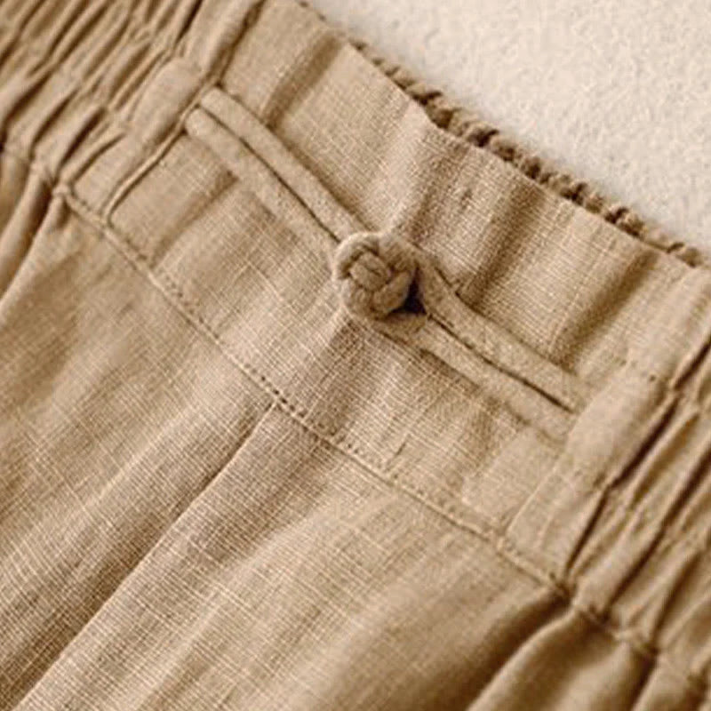 Buddha Stones Daily Solid Color Elastic Waistband Frog-Button Cotton Women's Wide Leg Pants With Pockets