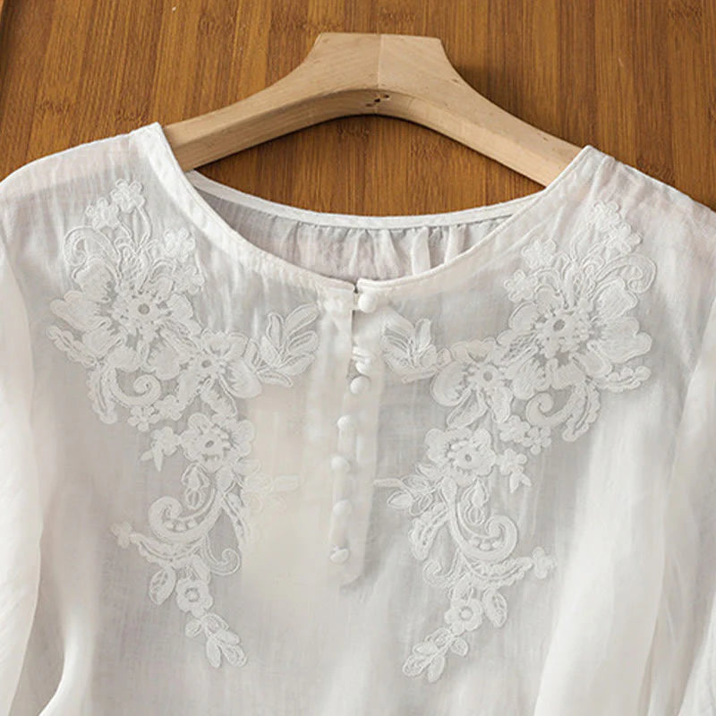 Buddha Stones Flower Vines Embroidery Button Crew Neck Three Quarter Sleeve Women's Cotton Shirt