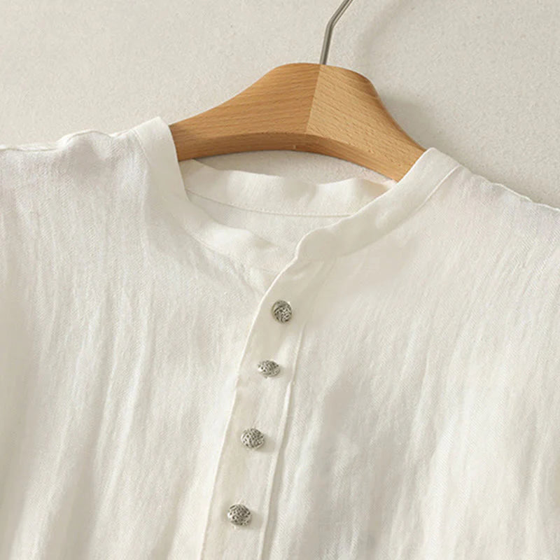 Buddha Stones Spring Plain V-Neck Long Sleeve Women's Cotton Shirt