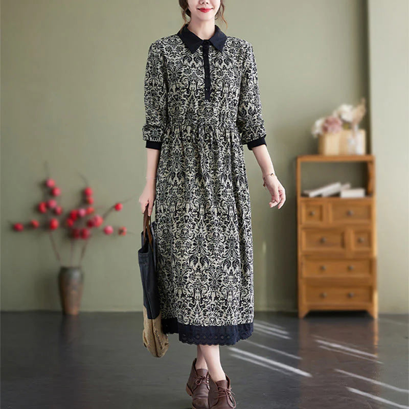 Buddha Stones Ethnic Printed Drawstring Long Sleeve Cotton Midi Dress With Pockets