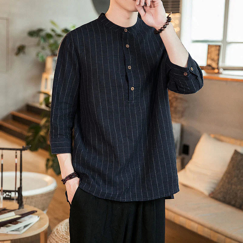 Buddha Stones Plaid Half Buttons Stand Collar Three Quarter Sleeve Cotton Men's Shirt