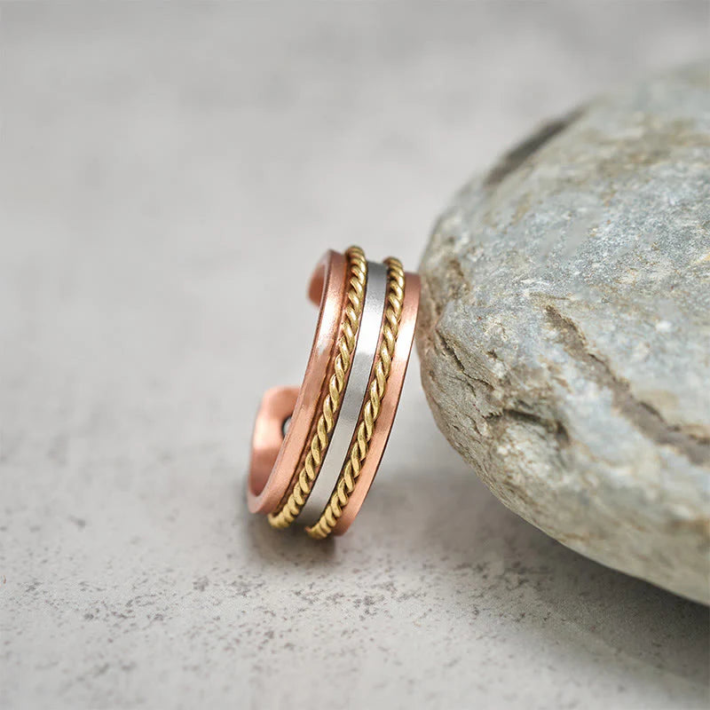 Buddha Stones Retro Twisted Design Copper Open Wealth Luck Cuff Bracelet Bangle Ring