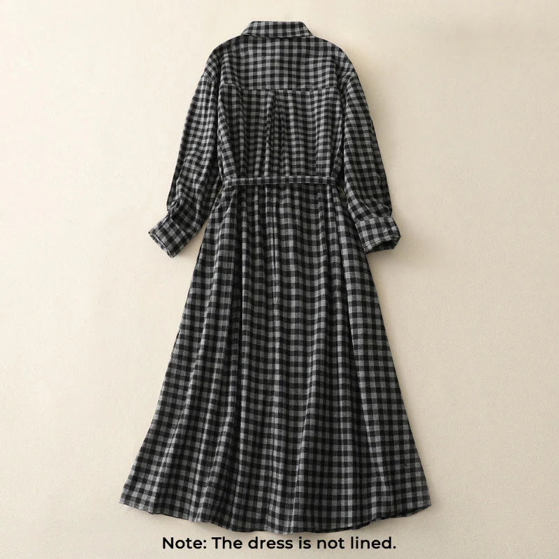 Buddha Stones Black Lace-Up Design Plaid Lapel Long Sleeve Cotton Linen Midi Dress With Pockets