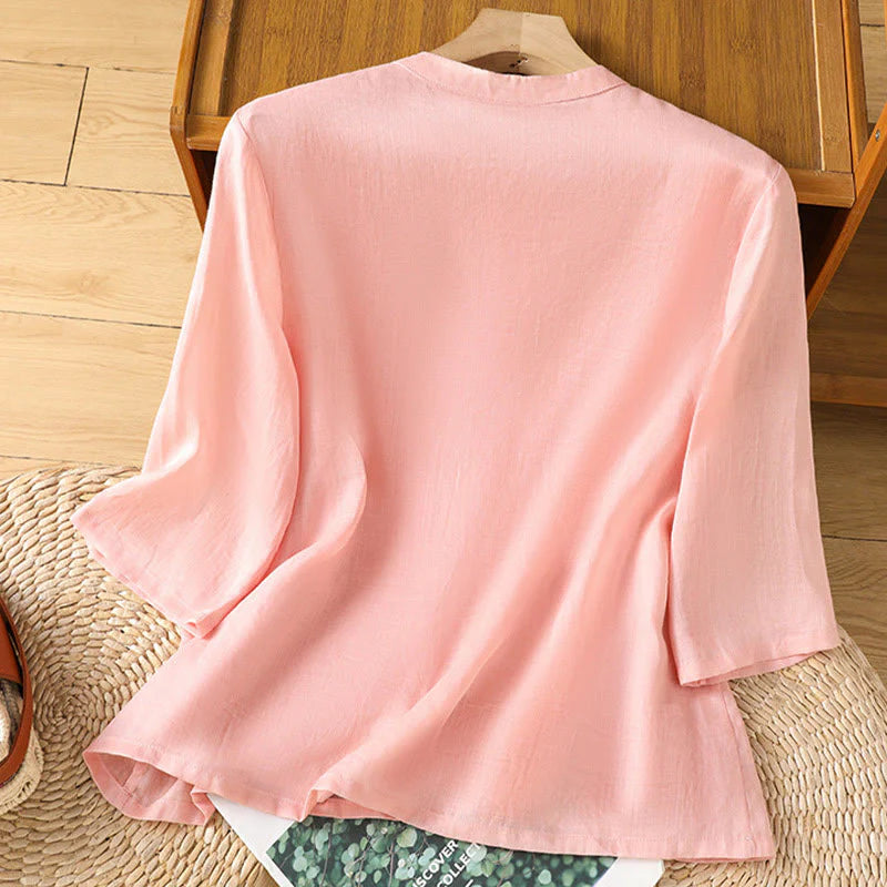 Buddha Stones Casual Women's Flowers Leaves Embroidery Pattern Frog-Button Crew Neck Design Half Sleeve Cotton Linen Shirt