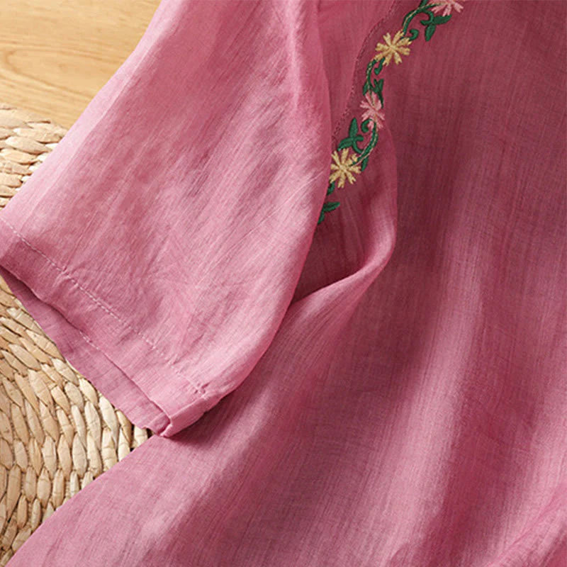 Buddha Stones Casual Embroidery Flowers Cotton Polyester Half Sleeve Women's Crew Neck Shirt